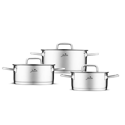 Jumbo Assos 3-teiliges Edelstahl-Topfset mit Glasdeckeln – 6-teilig
