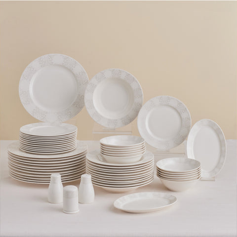 Karaca Forever Bone China New Olio 53-teiliges Tafelservice für 12 Personen, Weiß