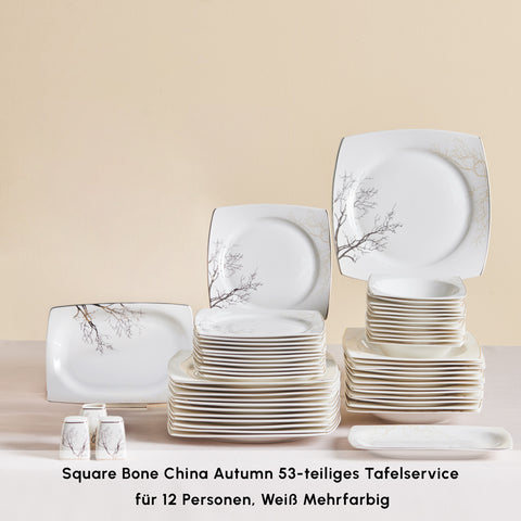 Karaca Square Bone China Autumn 53-teiliges Tafelservice für 12 Personen, Weiß Mehrfarbig