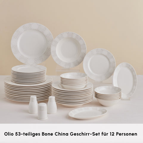 Karaca Forever Bone China New Olio 53-teiliges Tafelservice für 12 Personen, Weiß