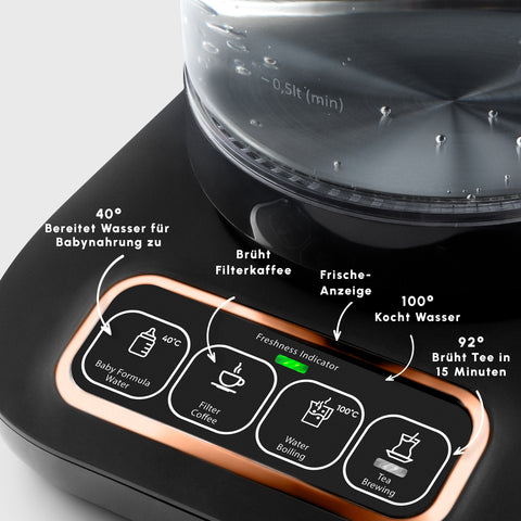 Karaca Çaysever Robotea Pro 4 in 1 Sprechende Automatische Glas-Teemaschine, Wasserkocher und Filterkaffeemaschine 2500W Schwarz Kupfer
