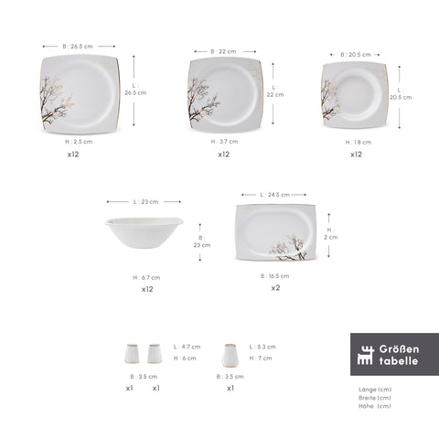 Karaca Square Bone China Autumn 53-teiliges Tafelservice für 12 Personen, Weiß Mehrfarbig