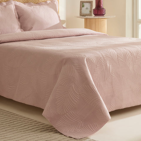 Leaf Bedspread Set Powder Pink 230x240cm + 2(50x70) cm