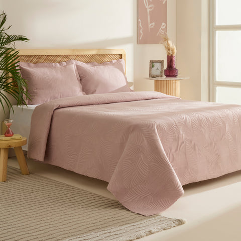 Leaf Bedspread Set Powder Pink 230x240cm + 2(50x70) cm