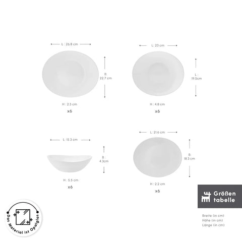 Karaca White Pure Opal Glass Dinnerware Set, 24 Pieces for 6 People
