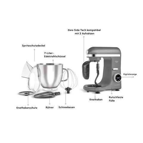 Karaca Mastermaid Chef Ultra D2000W Küchenmaschine mit Digitaldisplay Galaxy Grey 7L