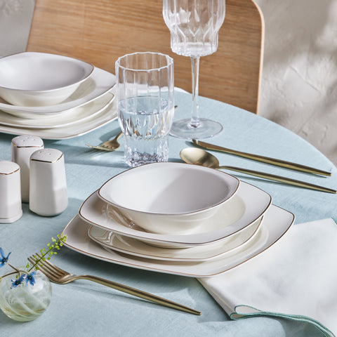 Karaca Timeless 59-Piece Porcelain Half Square Dinner Set for 12 People, Gold
 