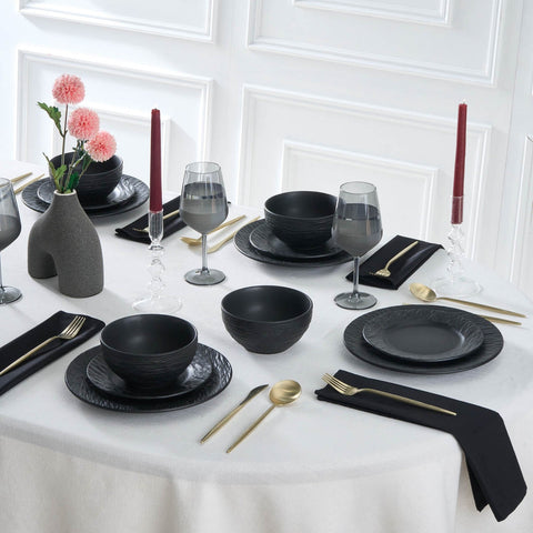 Karaca Solem Embossed 18-Piece Stoneware Dinner Set for 6 People, Black
 