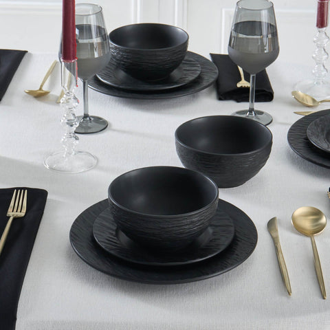 Karaca Solem Embossed 18-Piece Stoneware Dinner Set for 6 People, Black
 