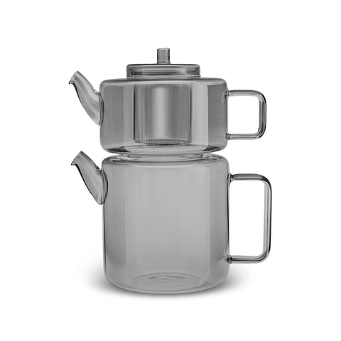 Karaca Flat Midi Borosilikat-Glas-Teekanne Smoke Grey, 1,1 L & 1,8 L