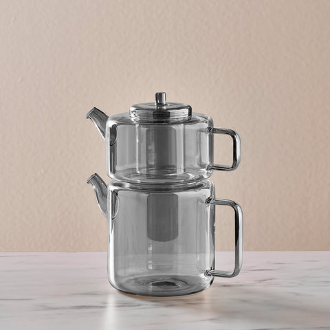 Karaca Flat Midi Borosilikat-Glas-Teekanne Smoke Grey, 1,1 L & 1,8 L