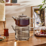Karaca Flat Midi Borosilicate Glass Teapot Set, Smoke Grey, 1.1 L & 1.8 L