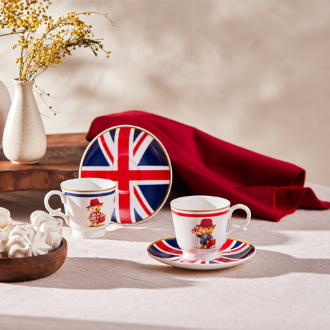 Karaca London 4-Piece Bone China Turkish Coffee Cup Set for 2 People, 80 ml, Multicolor