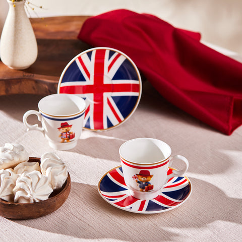 Karaca London 4-Piece Bone China Turkish Coffee Cup Set for 2 People, 80 ml, Multicolor