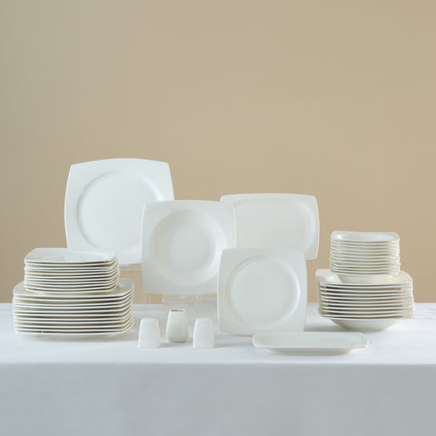 Karaca Square Bone Mensa 53-Piece Dinnerware Set for 12 People, White