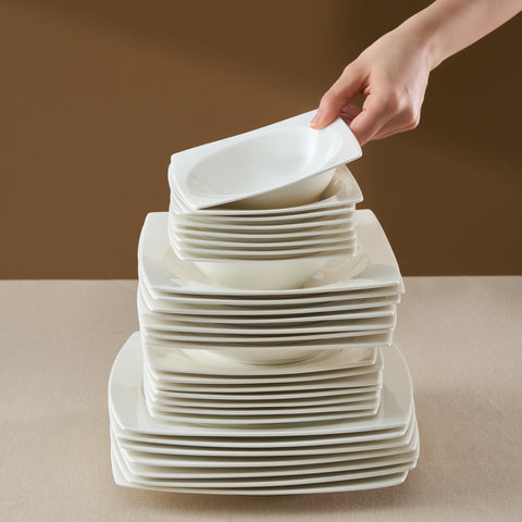 Karaca Square Bone Mensa 53-Piece Dinnerware Set for 12 People, White