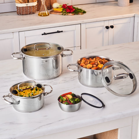 Karaca Burgaz 8-Piece Stainless Steel Cookware Set with Foldable Handles and Induction Base