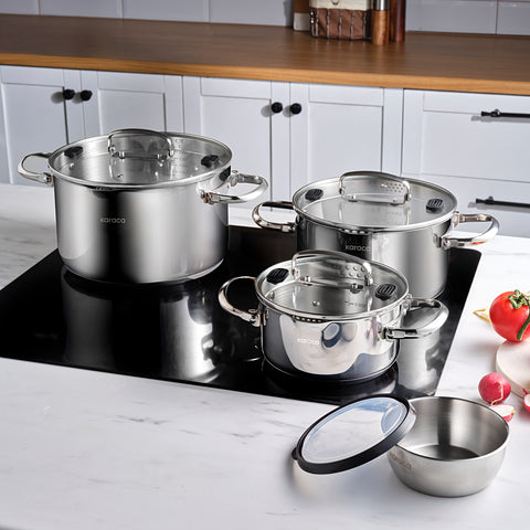 Karaca Burgaz 8-Piece Stainless Steel Cookware Set with Foldable Handles and Induction Base