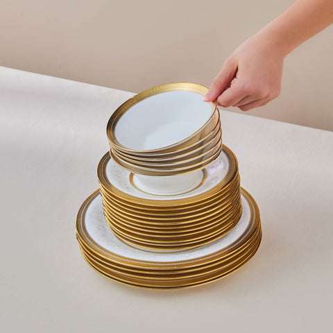 Karaca Royal Bone China Charlotte 55-Piece Dinner Set for 12 People, Gold