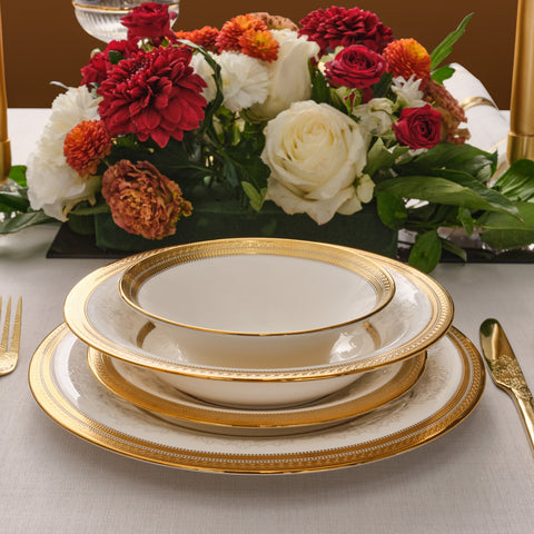 Karaca Royal Bone China Charlotte 55-Piece Dinner Set for 12 People, Gold