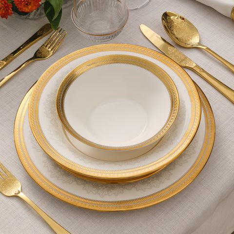 Karaca Royal Bone China Charlotte 55-Piece Dinner Set for 12 People, Gold