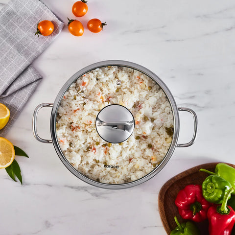 Karaca Emirgan Stainless Steel Shallow Casserole with Lid, 30 cm, Silver