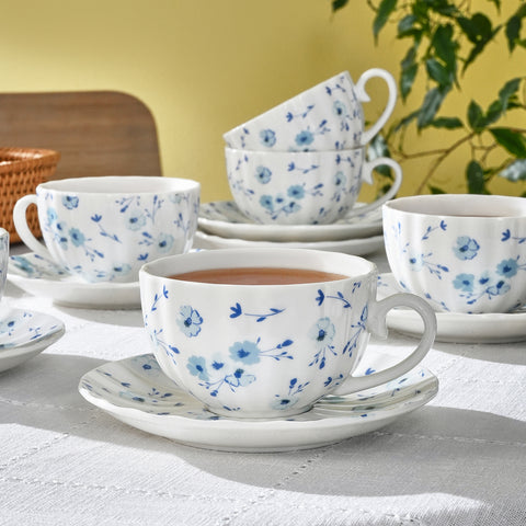 Karaca Blossom Bone-China Teetassen- und Untertassen-Set, 12-teilig, für 6 Personen, 220 ml, Blau