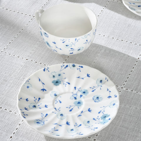 Karaca Blossom Bone-China Teetassen- und Untertassen-Set, 12-teilig, für 6 Personen, 220 ml, Blau