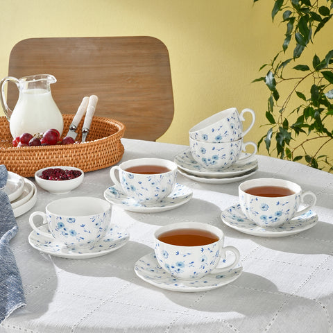 Karaca Blossom Bone-China Teetassen- und Untertassen-Set, 12-teilig, für 6 Personen, 220 ml, Blau