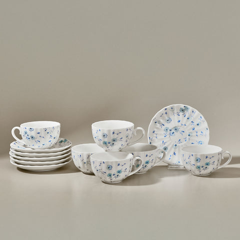 Karaca Blossom Bone-China Teetassen- und Untertassen-Set, 12-teilig, für 6 Personen, 220 ml, Blau