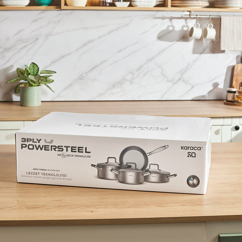 Karaca Power Steel 316+ 3-Ply Akita Edelstahl-Kochgeschirr- und Pfannenset mit Induktionsboden, 7-teilig