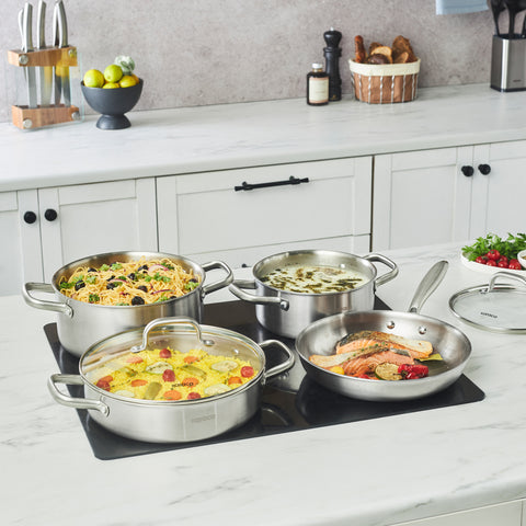 Karaca Power Steel 316+ 3-Ply Akita Edelstahl-Kochgeschirr- und Pfannenset mit Induktionsboden, 7-teilig