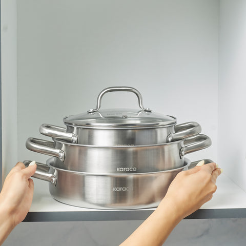 Karaca Power Steel 316+ 3-Ply Akita Edelstahl-Kochgeschirr- und Pfannenset mit Induktionsboden, 7-teilig