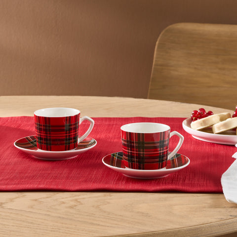 Karaca Ekose V2 4-Piece Bone China Espresso Turkish Coffee Cup Set for 2 People, 80 ml, Red