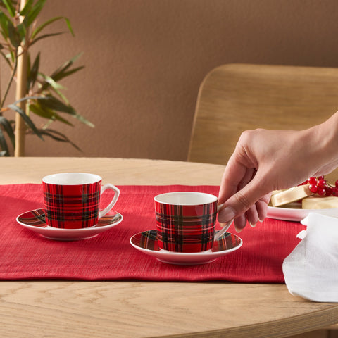 Karaca Ekose V2 4-Piece Bone China Espresso Turkish Coffee Cup Set for 2 People, 80 ml, Red