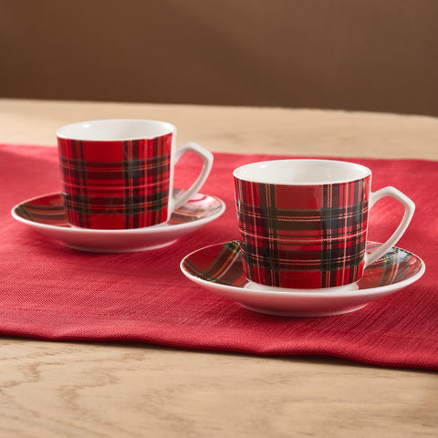 Karaca Ekose V2 4-Piece Bone China Espresso Turkish Coffee Cup Set for 2 People, 80 ml, Red