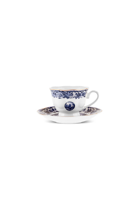 Karaca Old Town 12-Piece Bone China Espresso Turkish Coffee Cup Set for 6 People, 80 ml, Blue