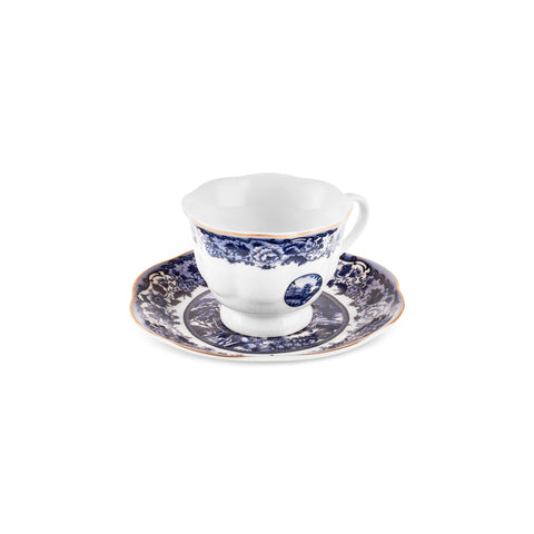 Karaca Old Town 12-Piece Bone China Espresso Turkish Coffee Cup Set for 6 People, 80 ml, Blue