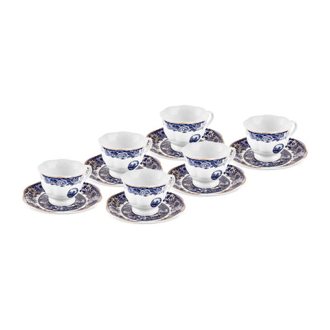 Karaca Old Town 12-Piece Bone China Espresso Turkish Coffee Cup Set for 6 People, 80 ml, Blue