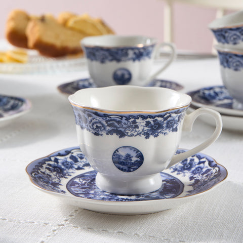 Karaca Old Town 12-Piece Bone China Espresso Turkish Coffee Cup Set for 6 People, 80 ml, Blue