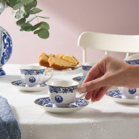 Karaca Old Town 12-Piece Bone China Espresso Turkish Coffee Cup Set for 6 People, 80 ml, Blue