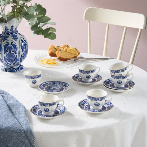 Karaca Old Town 12-Piece Bone China Espresso Turkish Coffee Cup Set for 6 People, 80 ml, Blue