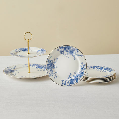 Karaca Delft 8-Piece Bone China Serveware Set for 6 People, Blue