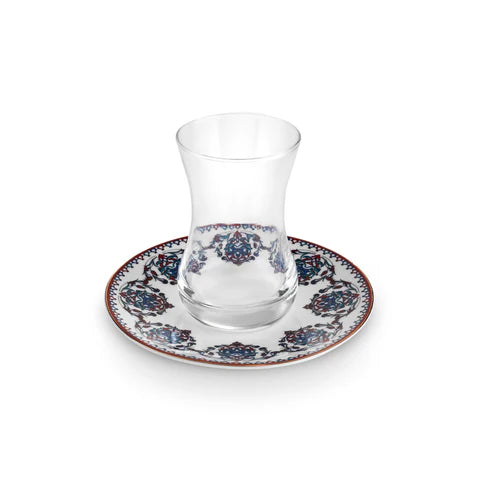 Karaca Nakkas 12-Piece Bone China Turkish Tea Set for 6 People, 130ml, Red