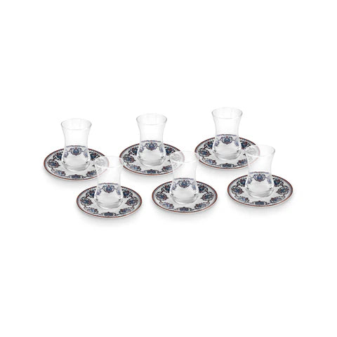 Karaca Nakkas 12-Piece Bone China Turkish Tea Set for 6 People, 130ml, Red