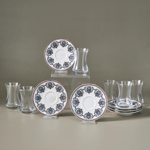 Karaca Nakkas 12-teiliges Türkisches Teeset aus Bone China für 6 Personen, 130 ml, Rot