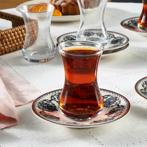 Karaca Nakkas 12-Piece Bone China Turkish Tea Set for 6 People, 130ml, Red