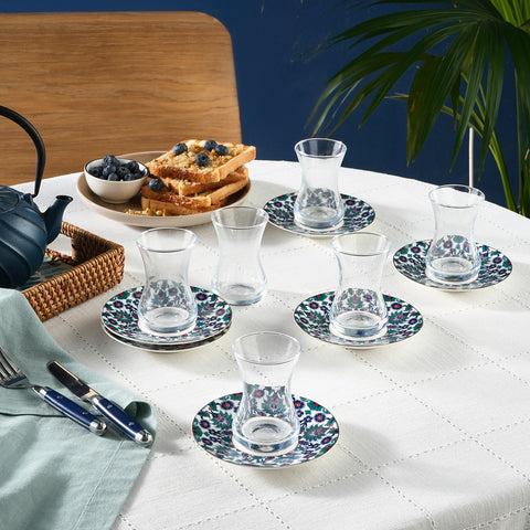 Karaca Edirne 12-teiliges Bone-China Türkisches Teeset für 6 Personen, 130 ml, Mehrfarbig