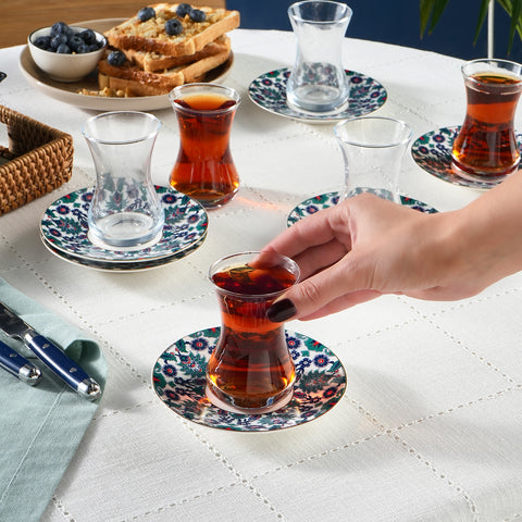 Karaca Edirne 12 Parça 6 Kişilik Bone China Türk Çay Seti, 130 ml, Çok Renkli