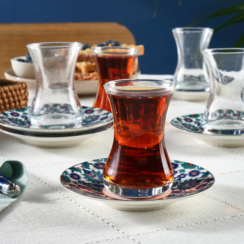 Karaca Edirne 12 Parça 6 Kişilik Bone China Türk Çay Seti, 130 ml, Çok Renkli